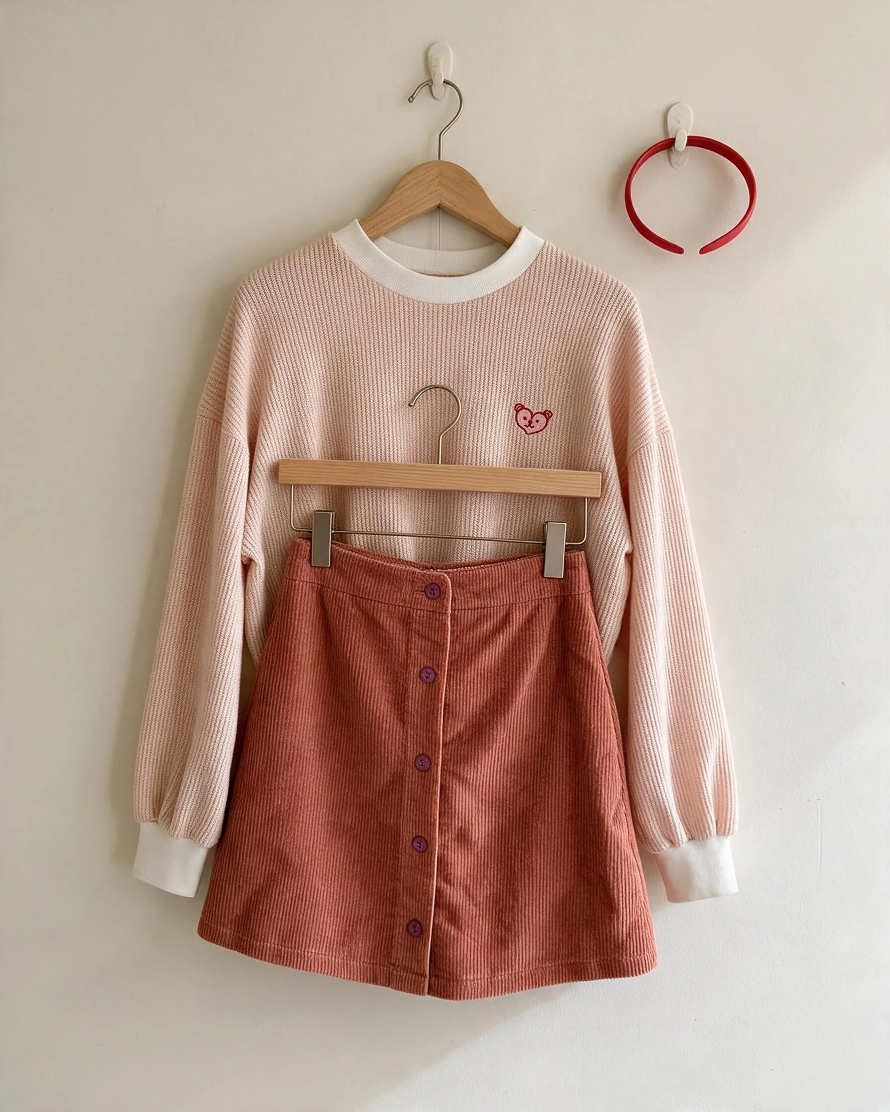 Flat-lay product photo of a cream knit sweater and rose corduroy skirt