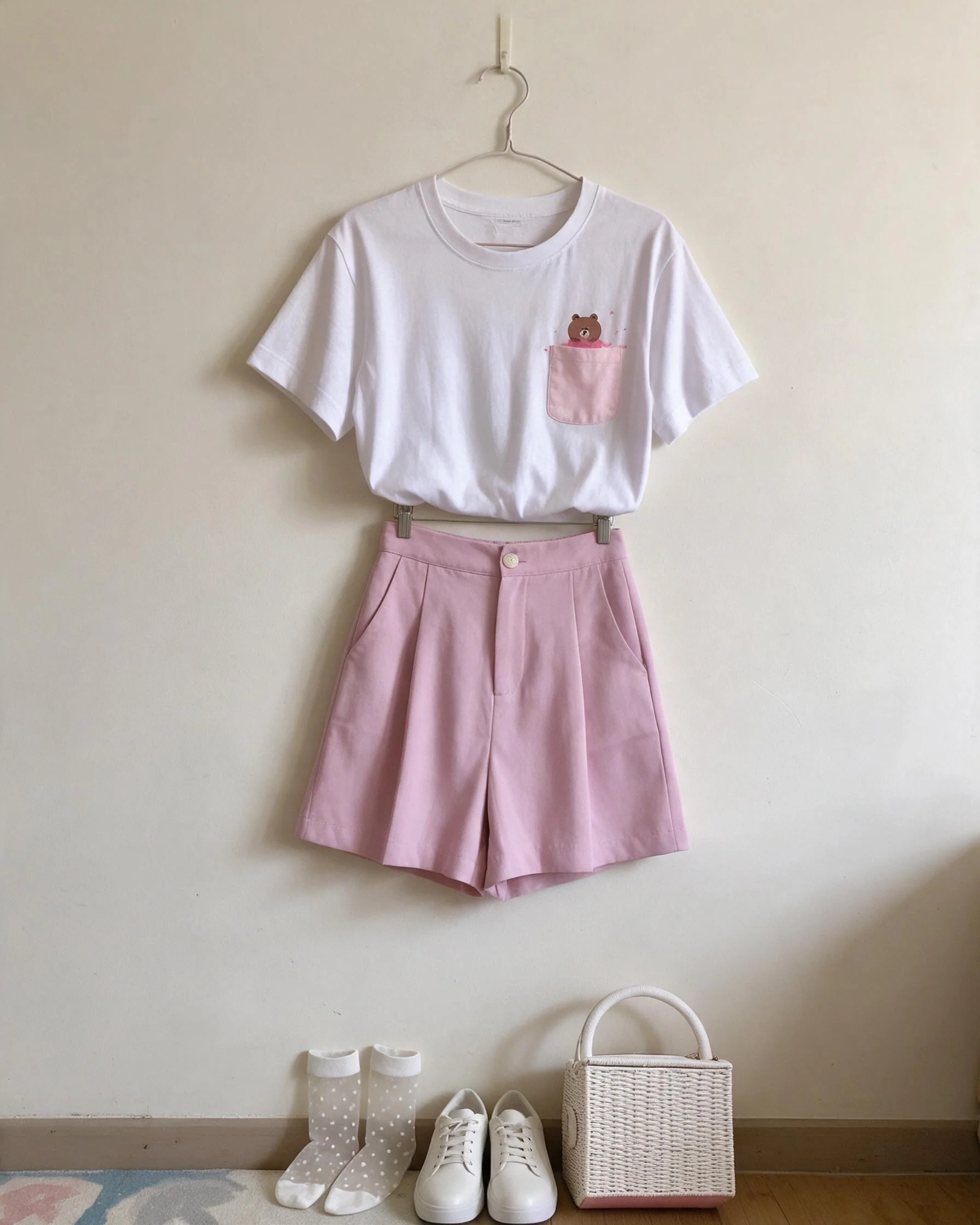 Flat-lay white pocket T-shirt and pale pink shorts with accessories