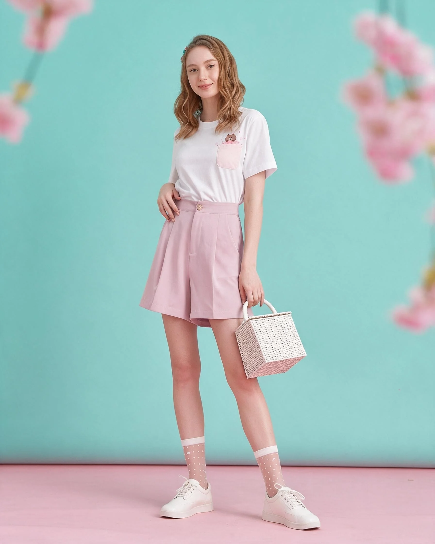 Full-length pastel summer outfit with pale pink shorts on a turquoise backdrop