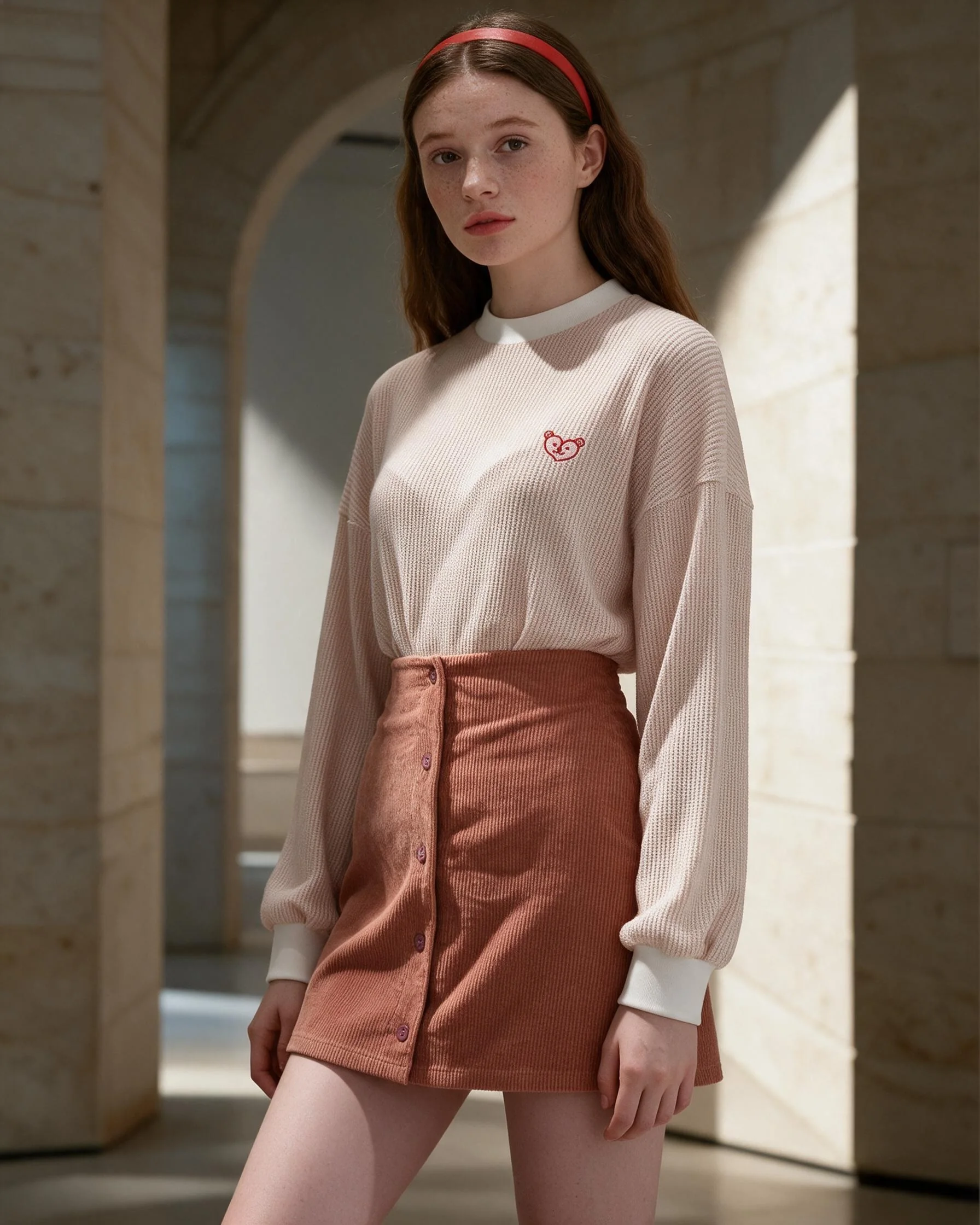 Model wearing a cream knit sweater and rose corduroy skirt in soft studio light