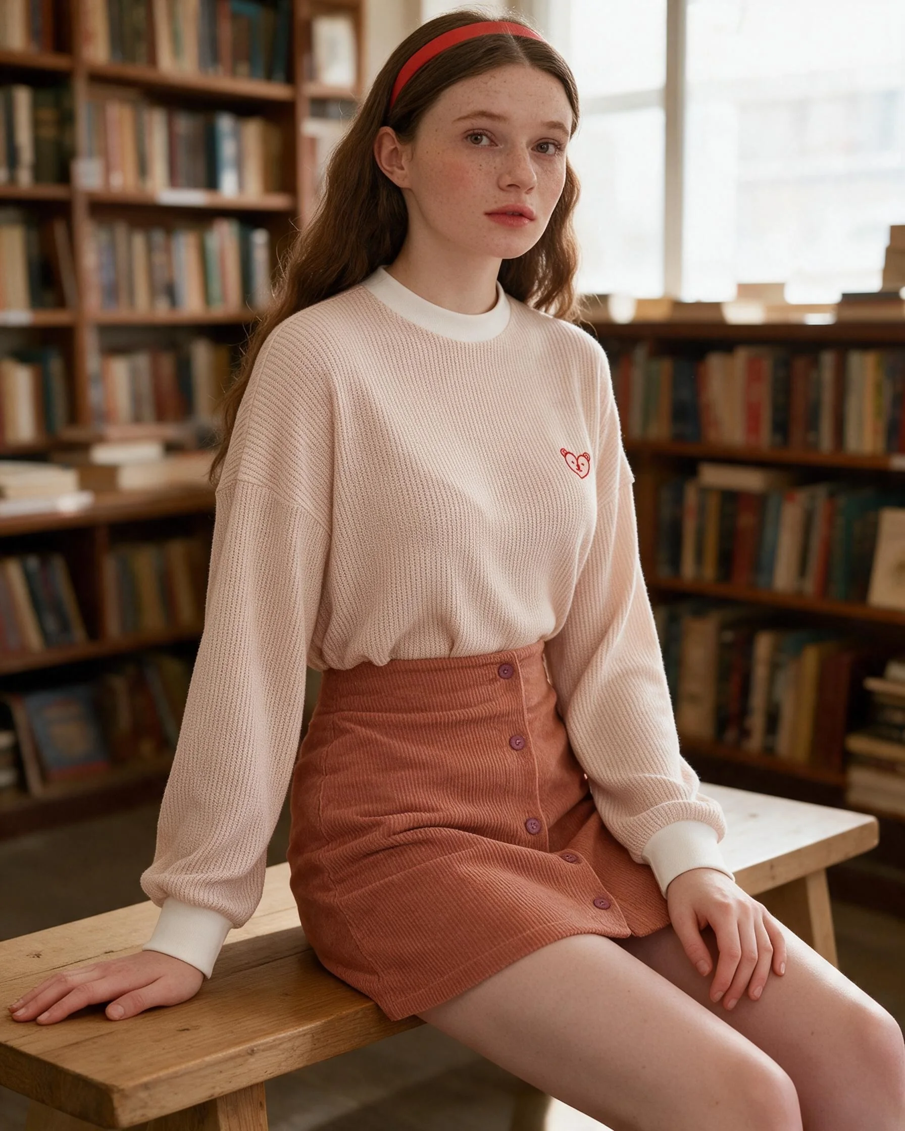 Model in a cream knit sweater and rose skirt in a warm library setting