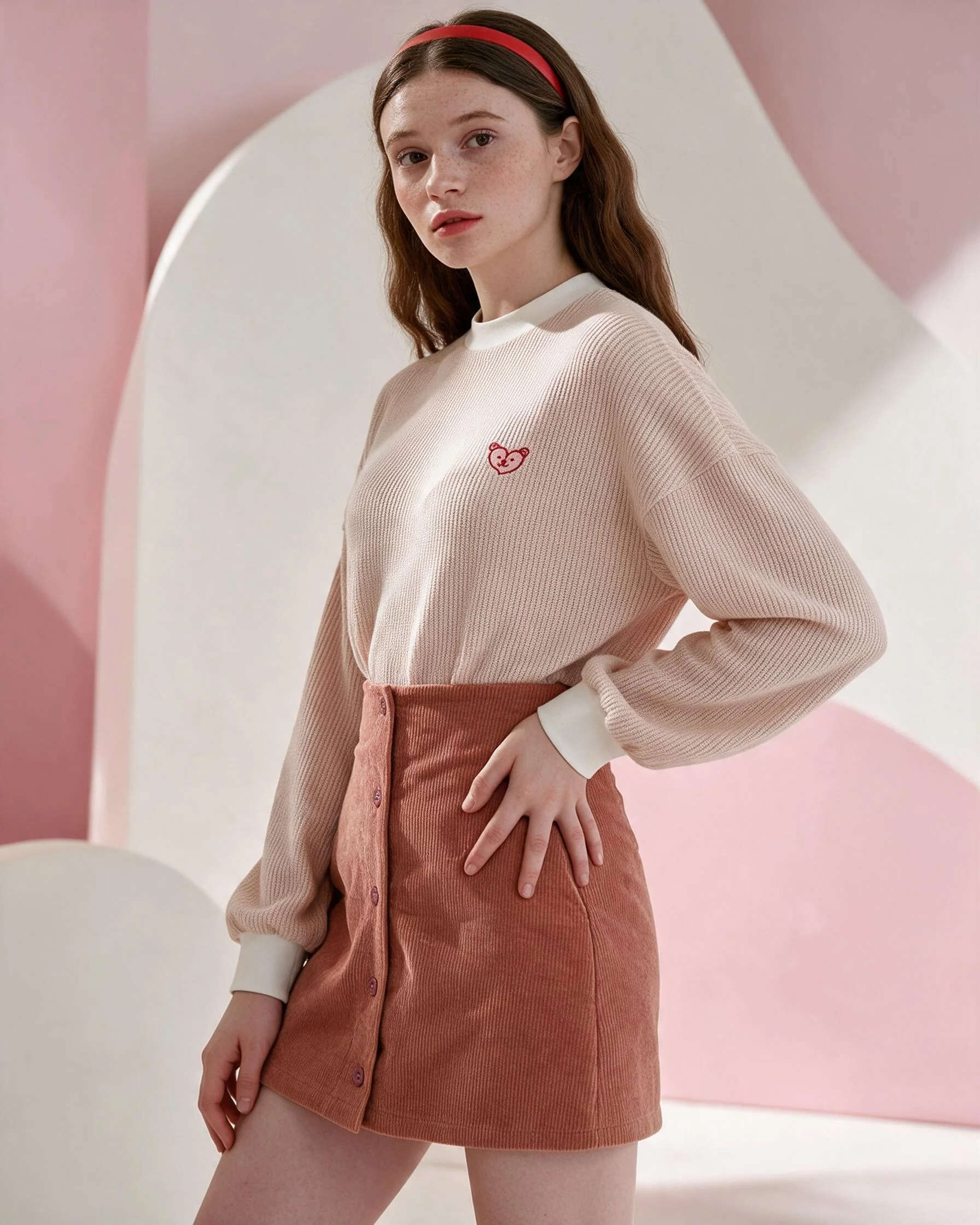 Model wearing a cream knit sweater and rose skirt against a soft pink campaign backdrop