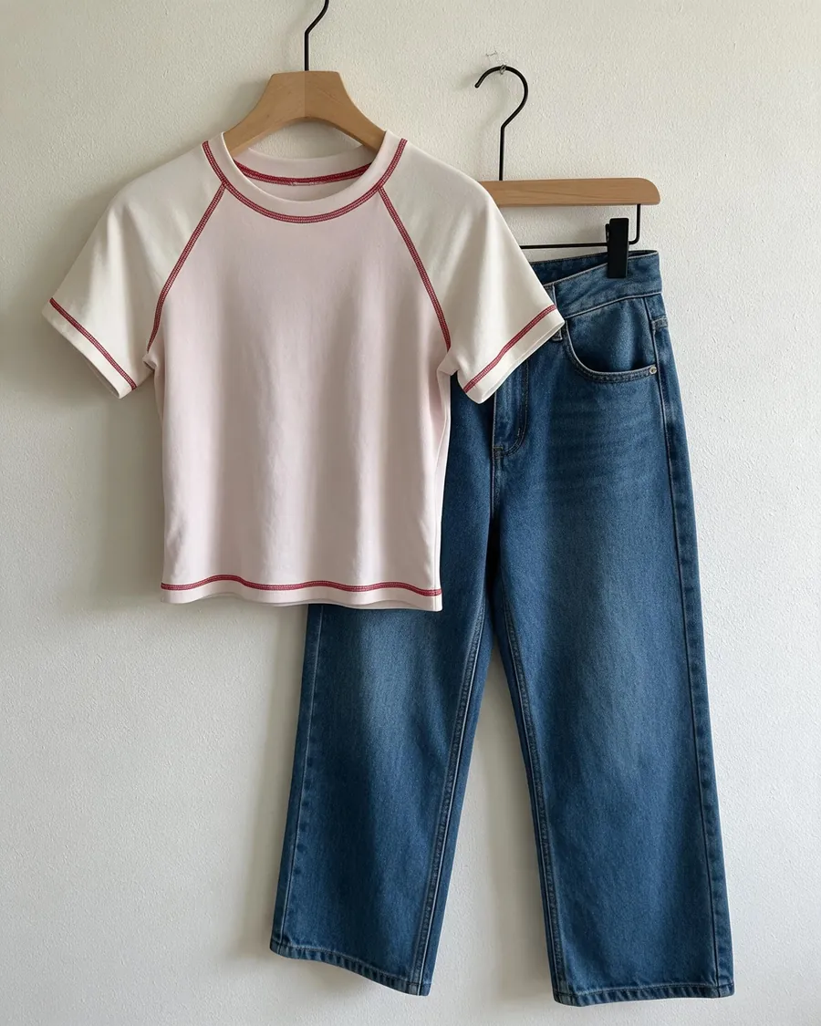 Pink raglan tee with red stitching and jeans on hangers