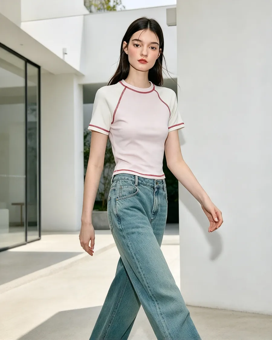 Model walking in the pink raglan tee and jeans