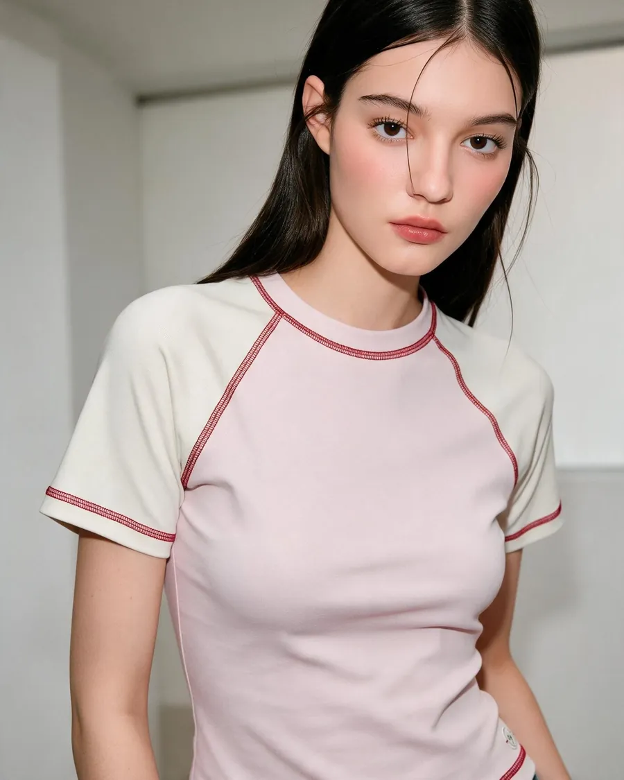 Close-up of the pink raglan tee with red stitching