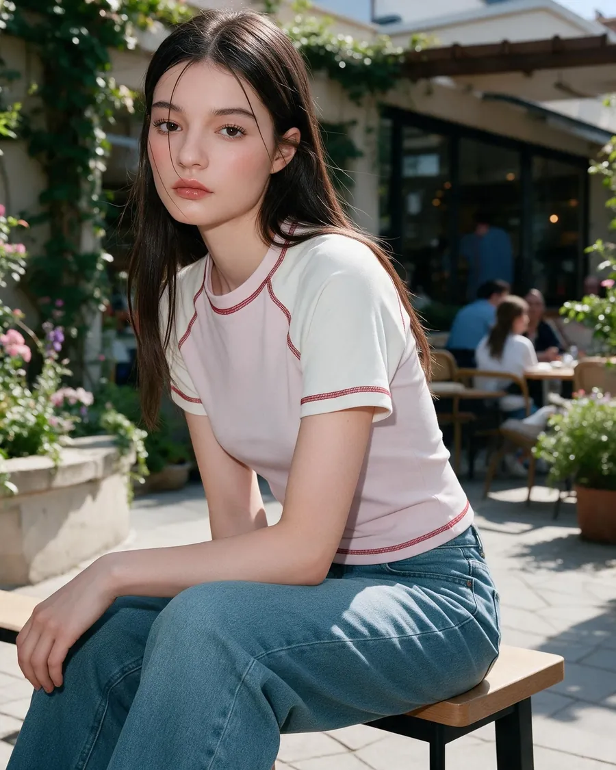 Model sitting on a bench in the pink raglan tee and jeans