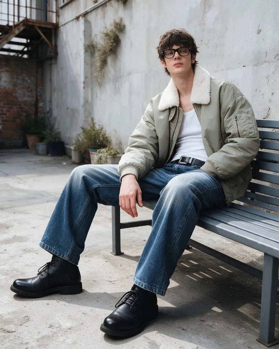 Model sitting on a bench in a green bomber jacket with a shearling collar